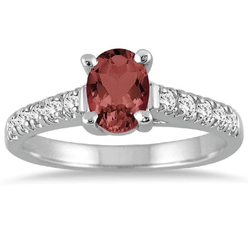 1 Carat Oval Garnet and Diamond Ring in 14K White Gold