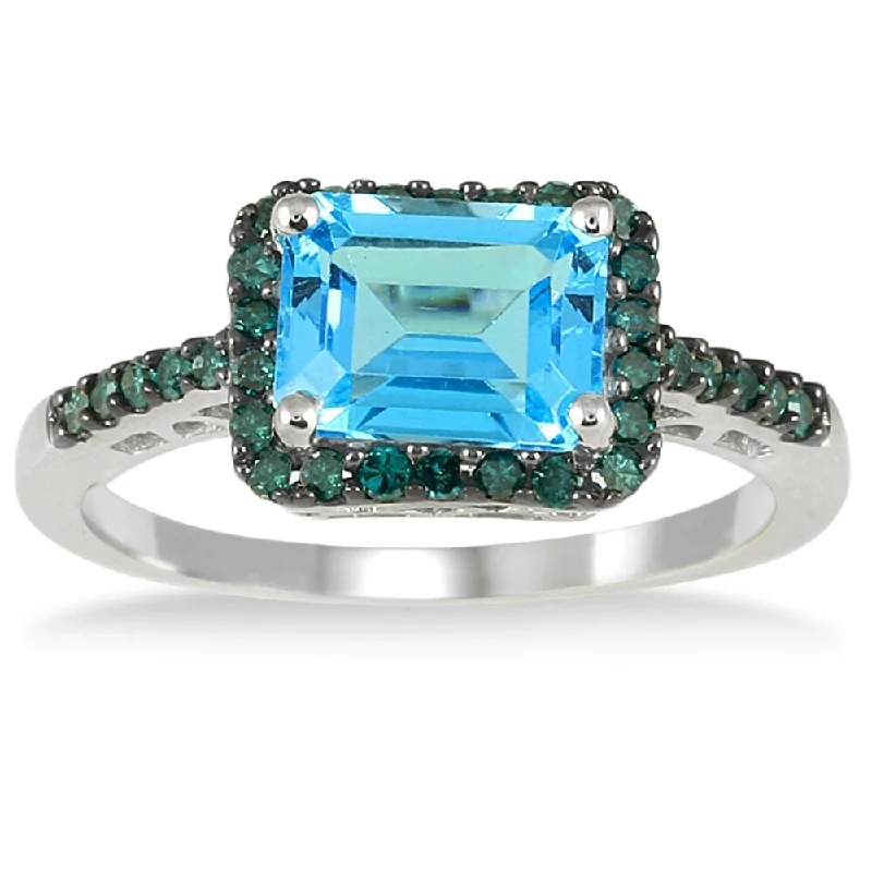 2 1/2 Carat Emerald Cut Blue Topaz and Blue Diamond Ring in 10K White Gold