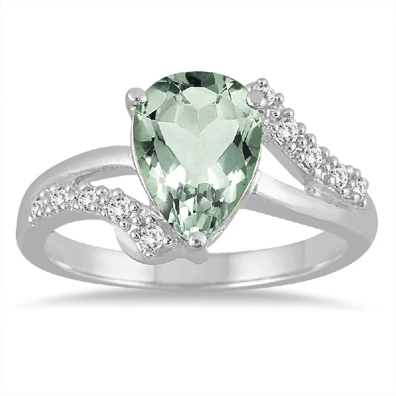 2 Carat Pear Shape Green Amethyst and Diamond Ring in 10K White Gold