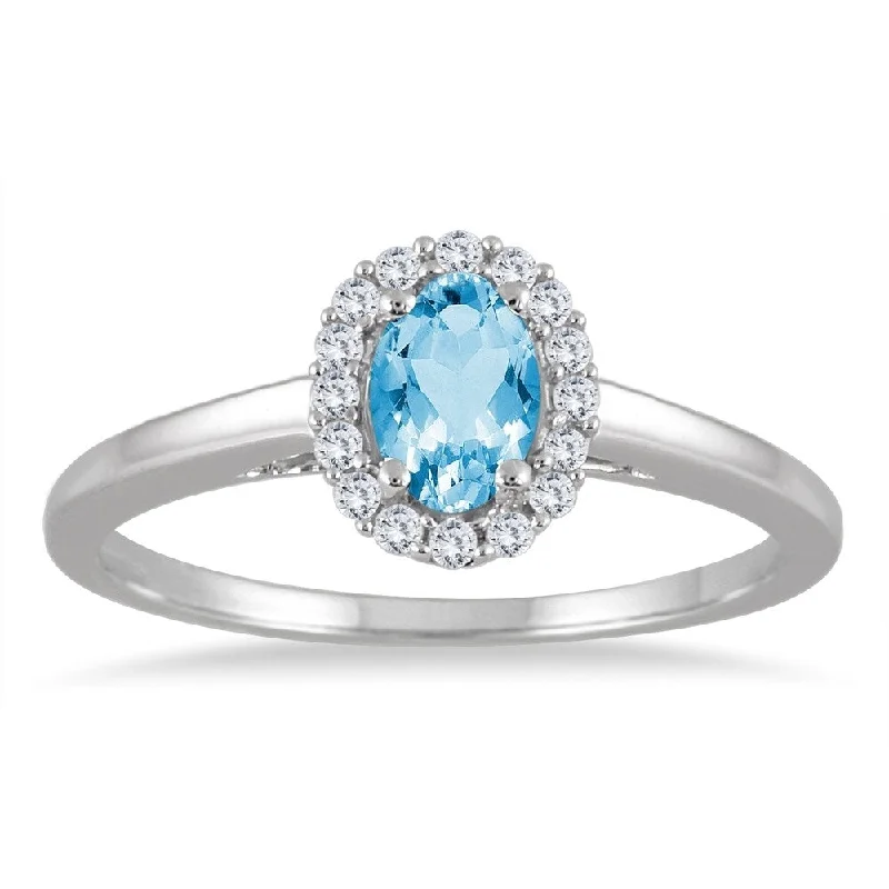 6x4MM Oval Shape Blue Topaz and Diamond Ring in 10K White Gold