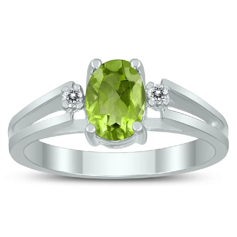 7X5MM Peridot and Diamond Open Three Stone Ring in 10K White Gold