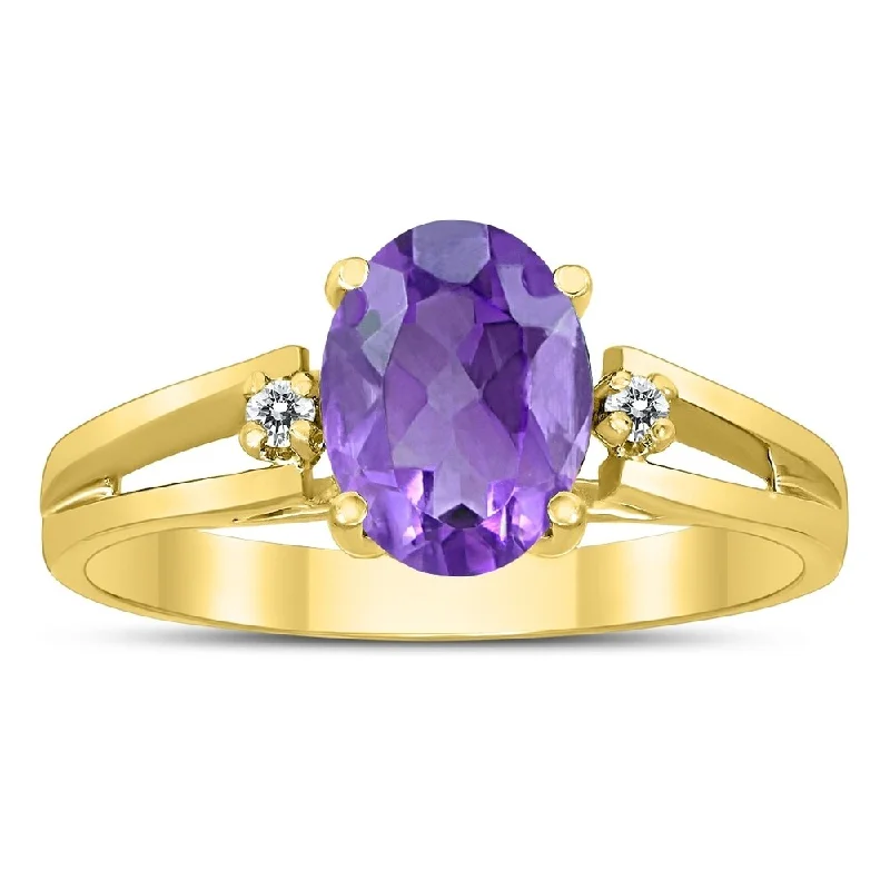 8X6MM Amethyst and Diamond Open Three Stone Ring in 10K Yellow Gold