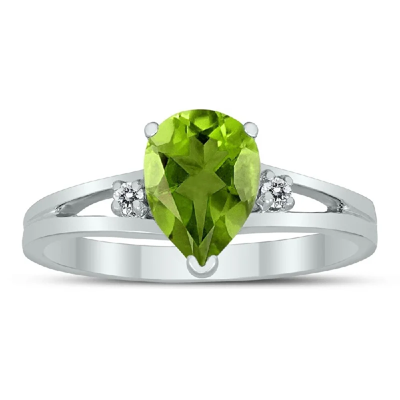 8X6MM Peridot and Diamond Pear Shaped Open Three Stone Ring in 10K White Gold