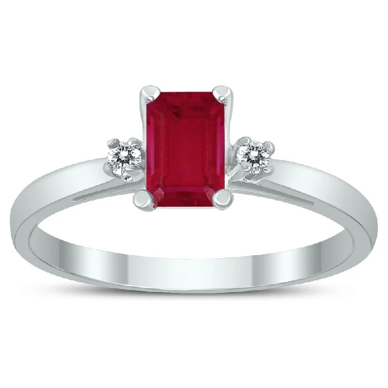 Emerald Cut 6X4MM Ruby and Diamond Three Stone Ring in 10K White Gold