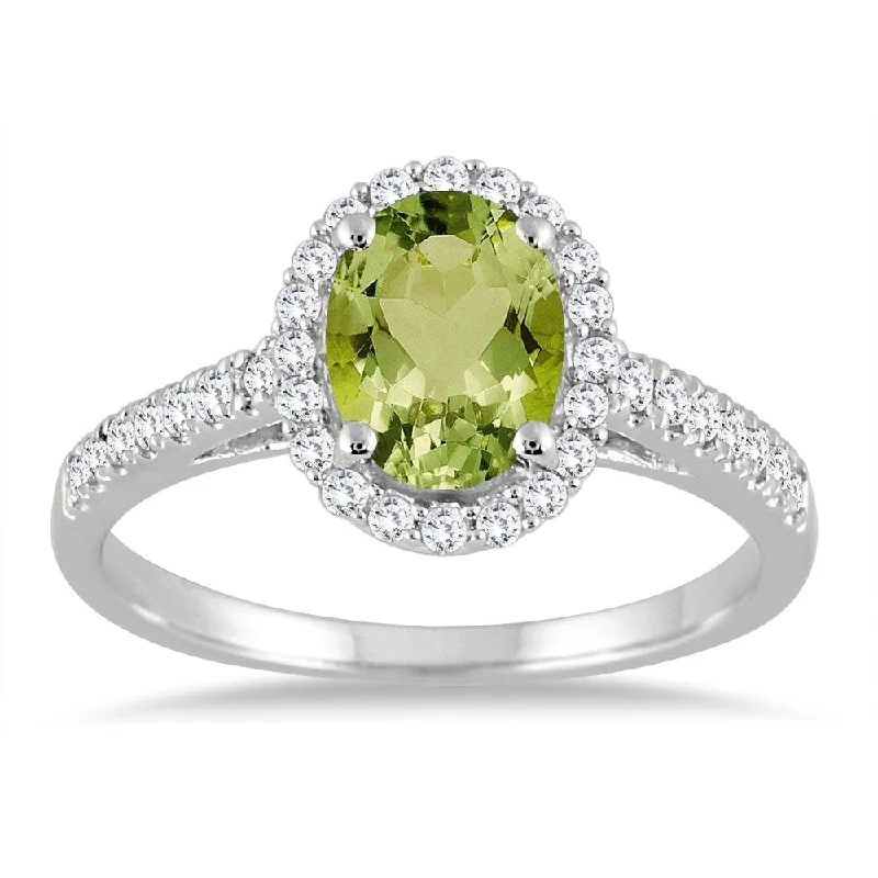 Peridot and Diamond Halo Ring in 10K White Gold