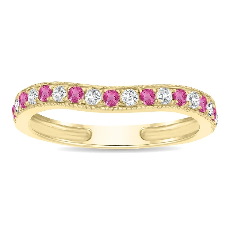 Pink Topaz and Diamond Channel Set Wedding Band in 10K Yellow Gold