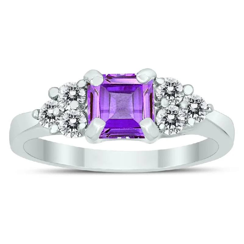 Princess Cut 6X6MM Amethyst and Diamond Duchess Ring in 10K White Gold