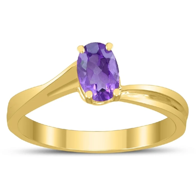 Solitaire Oval 6X4MM Amethyst Gemstone Twist Ring in 10K Yellow Gold