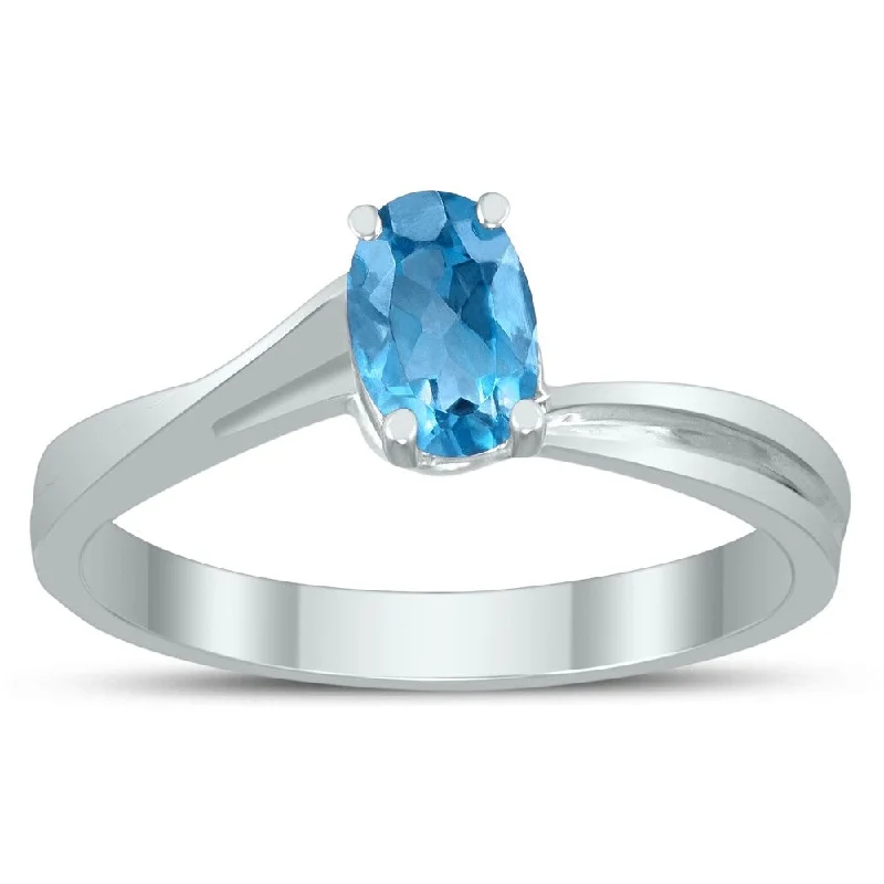 Solitaire Oval 6X4MM Blue Topaz Gemstone Twist Ring in 10K White Gold