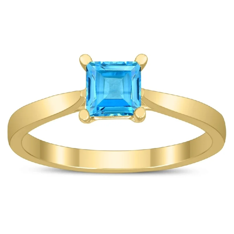 Square Princess Cut 5MM Blue Topaz Solitaire Ring in 10K Yellow Gold