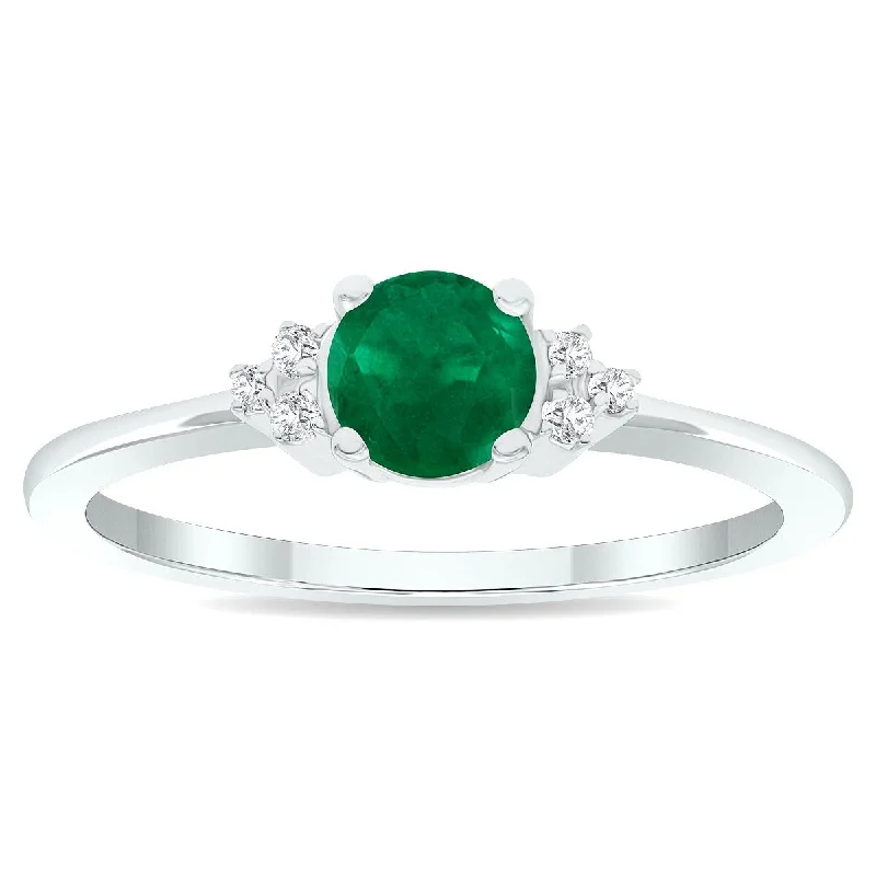 Women's Emerald and Diamond Half Moon Ring in 10K White Gold