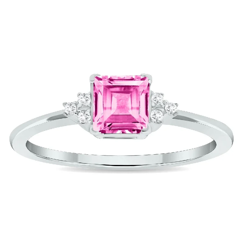 Women's Princess Cut Pink Topaz and Diamond Half Moon Ring in 10K White Gold