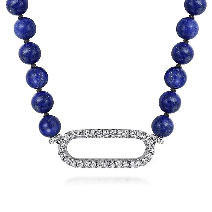 Sterling Silver White Sapphire and Lapis Beads 17 Inch Necklace