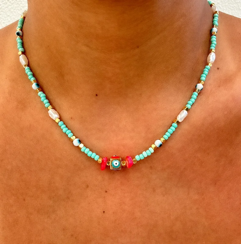 Turquoise Pearl Evil Eye Necklace