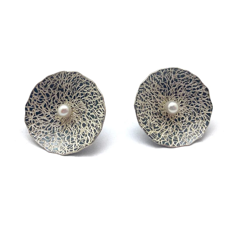 Akoya Pearl and Engraved Silver Dome Earrings