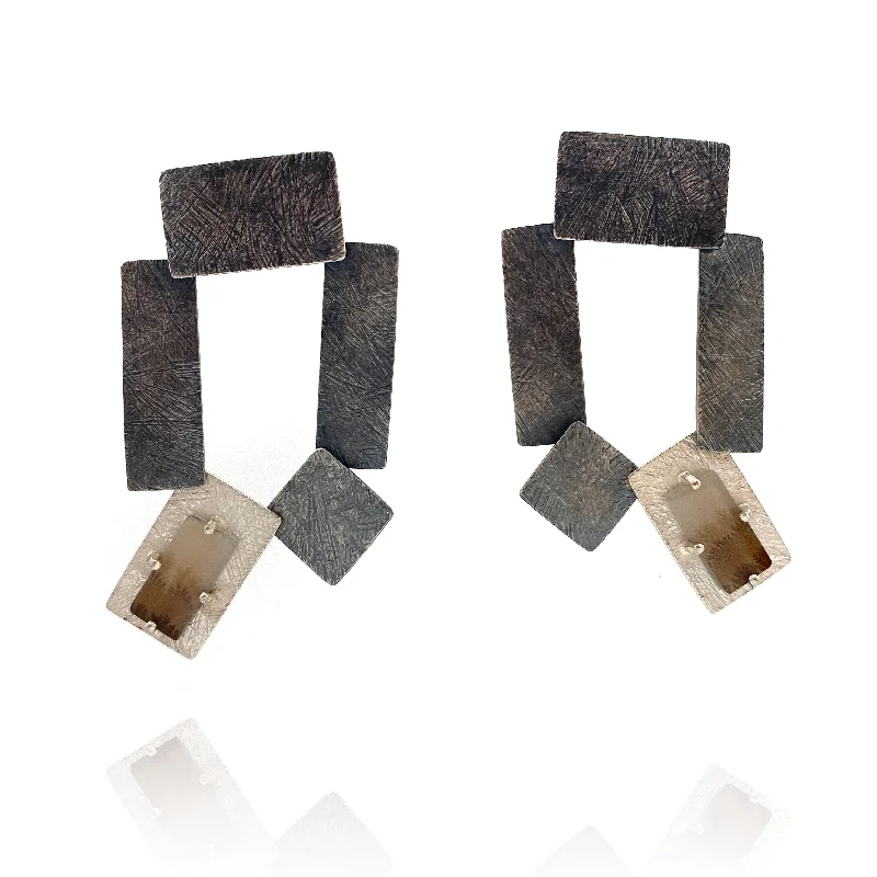 Carved Tab Link Earrings - Oxidized