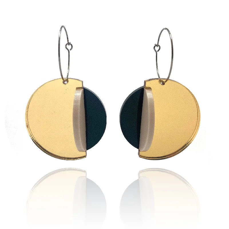 Circular Gold & Black Mirror Earrings - Large