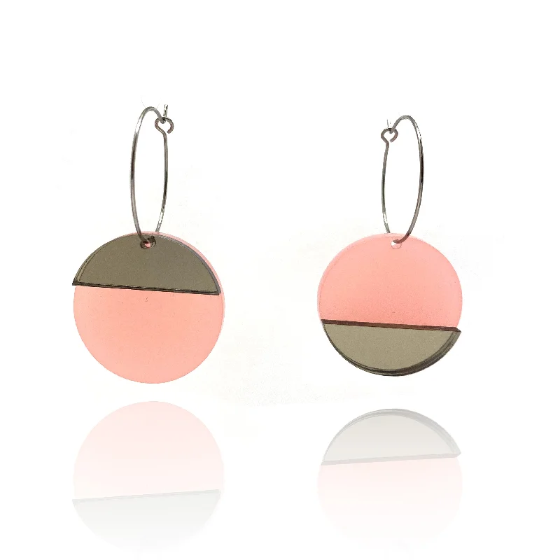 Circular Pink & Pewter Mirror Earrings - Small