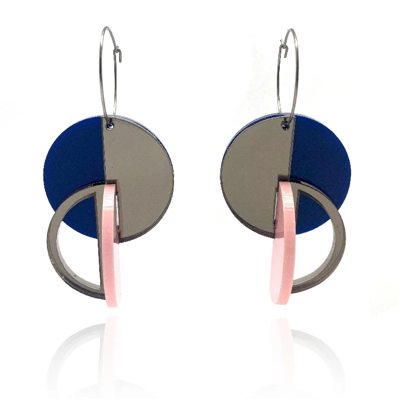 Three Dimensional Blue, Peach & Gray Mirror Earrings