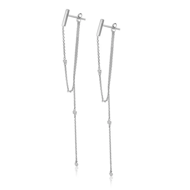 14K White Gold Pierced Diamond Chain Dangling Post Earrings