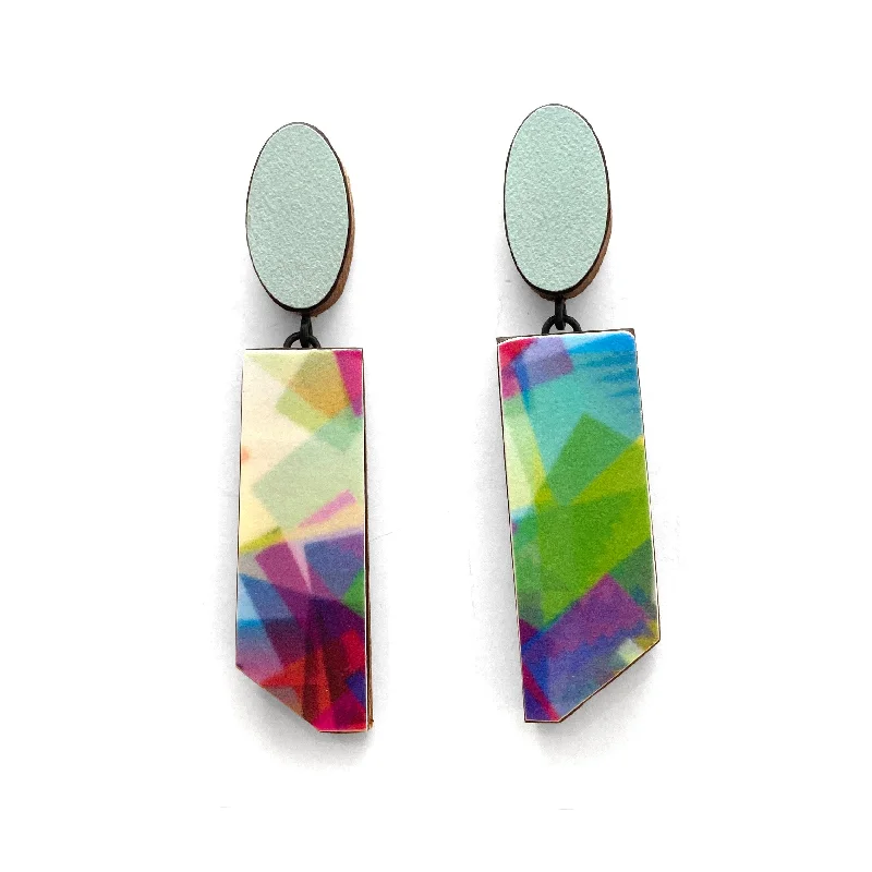 Geometric Teal and Rainbow Earrings