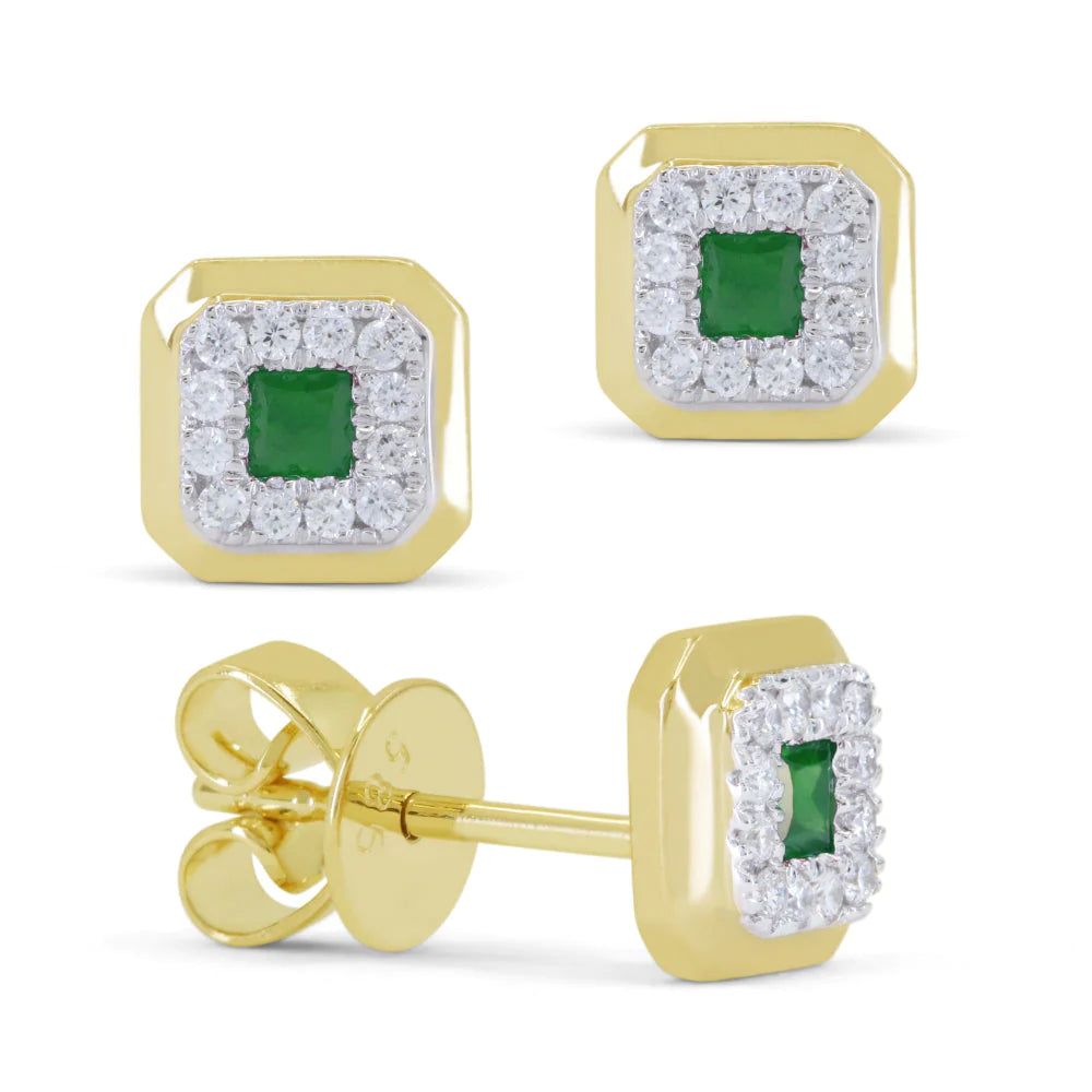 Gold Square Emerald & Diamond Studs