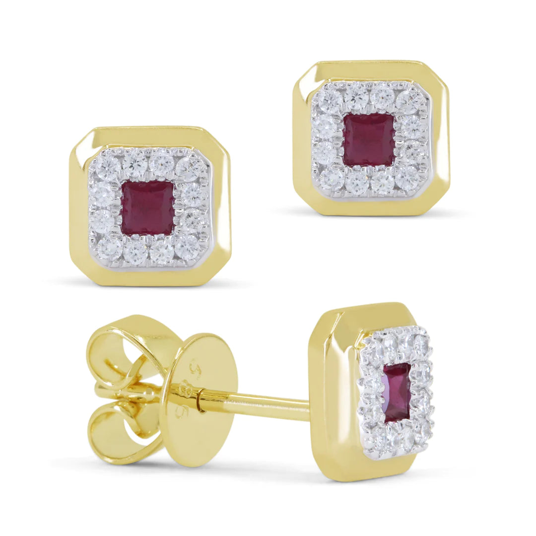 Gold Square Ruby & Diamond Studs