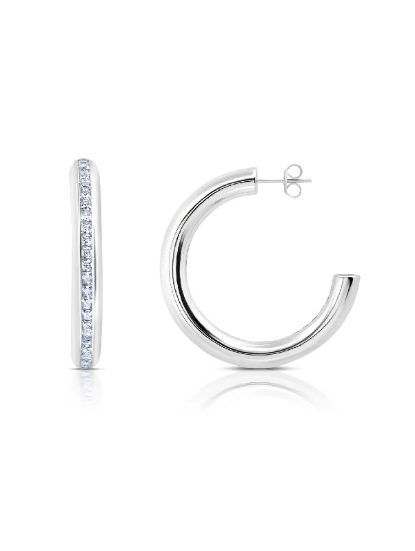 Princess Cut Channel Set Hoop Earrings Finished In Pure Platinum Sale