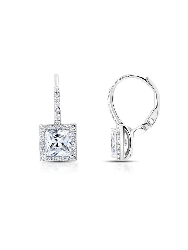 Square Cut Halo Leverback Earring Sale