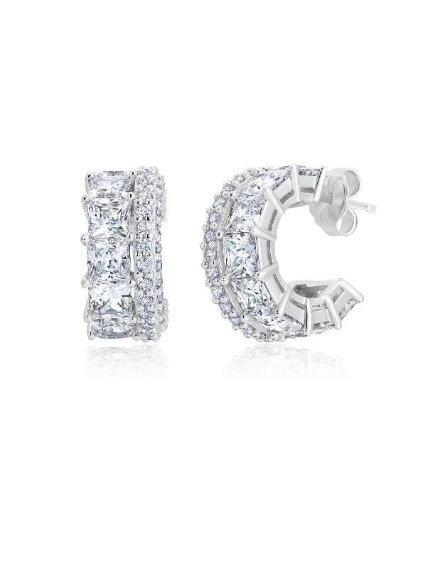 Square Princess Cut Huggie Hoop Earrings With Round Cut Trim Sale