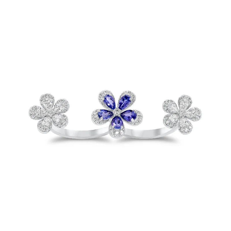 Tanzanite & Diamond Flower Two-Finger Ring