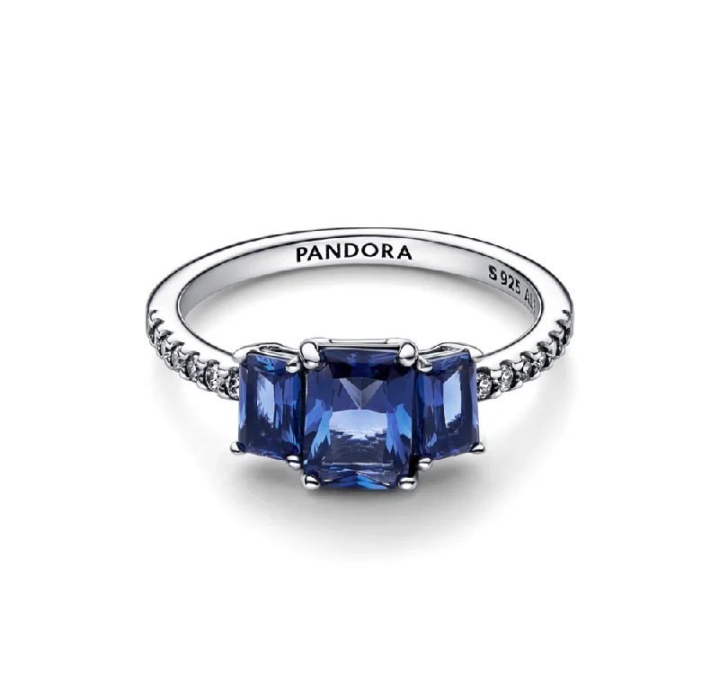 Blue Rectangular Three Stone Sparkling Ring