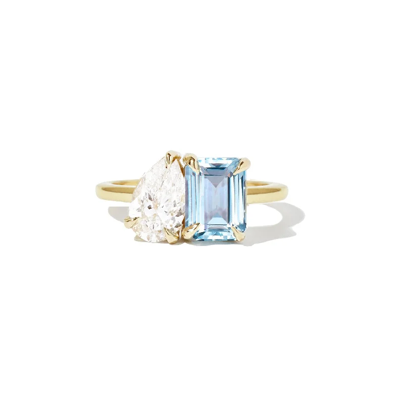 Aquamarine & Pear Diamond Toi et Moi Ring