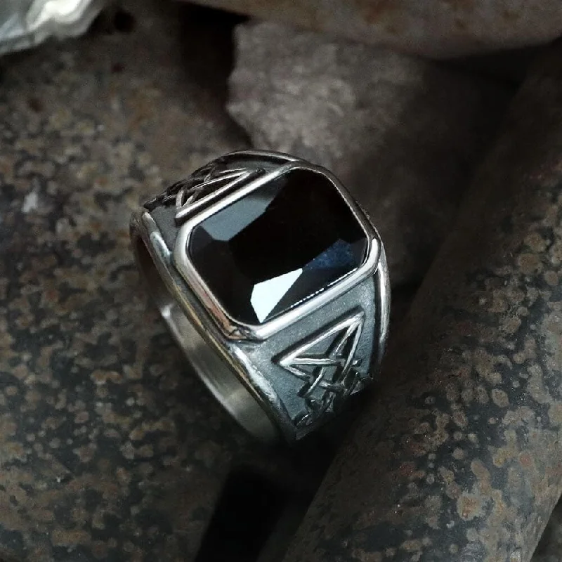 Lucifer Symbol Black Gem Stainless Steel Ring