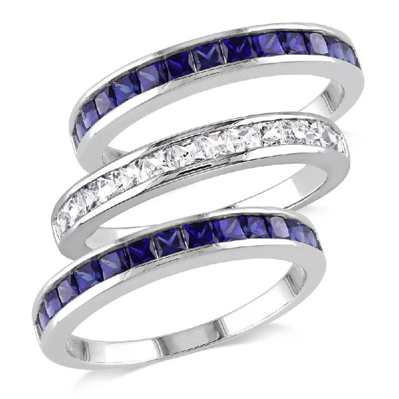 Miadora Sterling Silver 2 1/4ct TGW Square-cut Created Blue and White Sapphire 3-piece Anniversary S