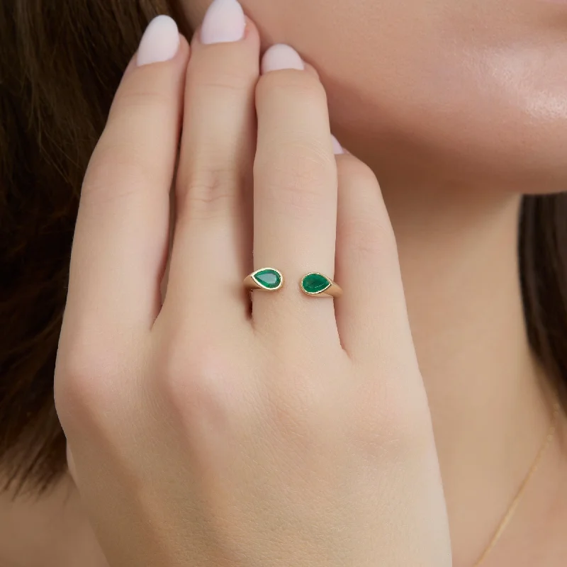 Natural Pear Shape Emerald Open Cuff Ring, Bomonti