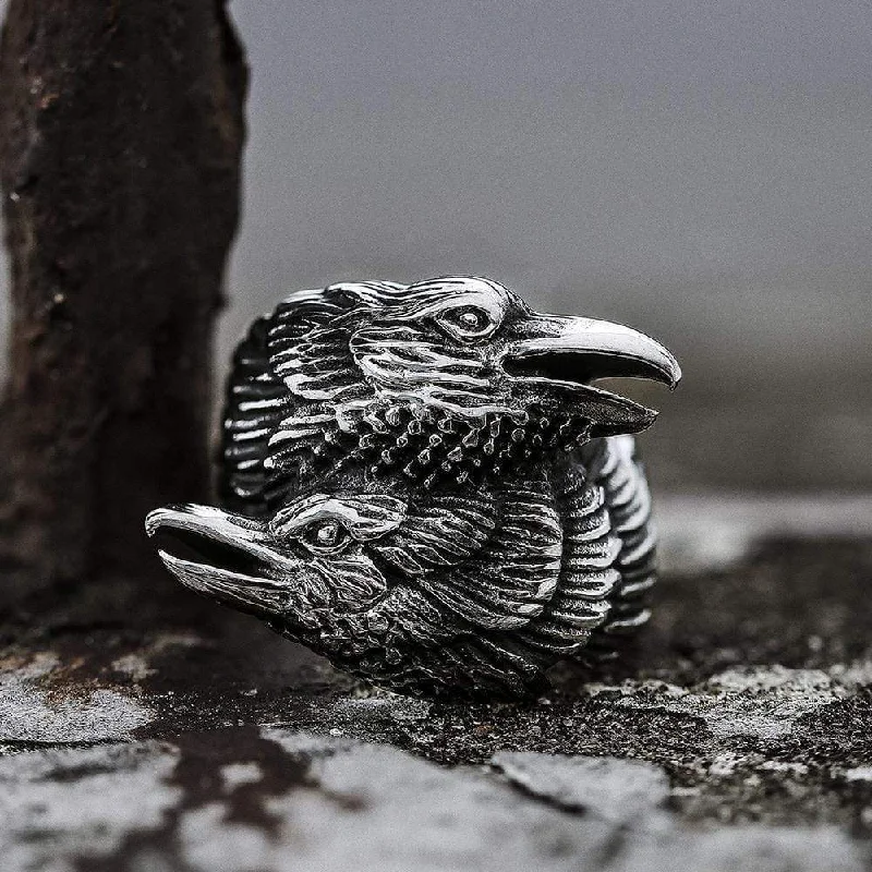 Odin Ravens Huginn and Munin Stainless Steel Viking Ring