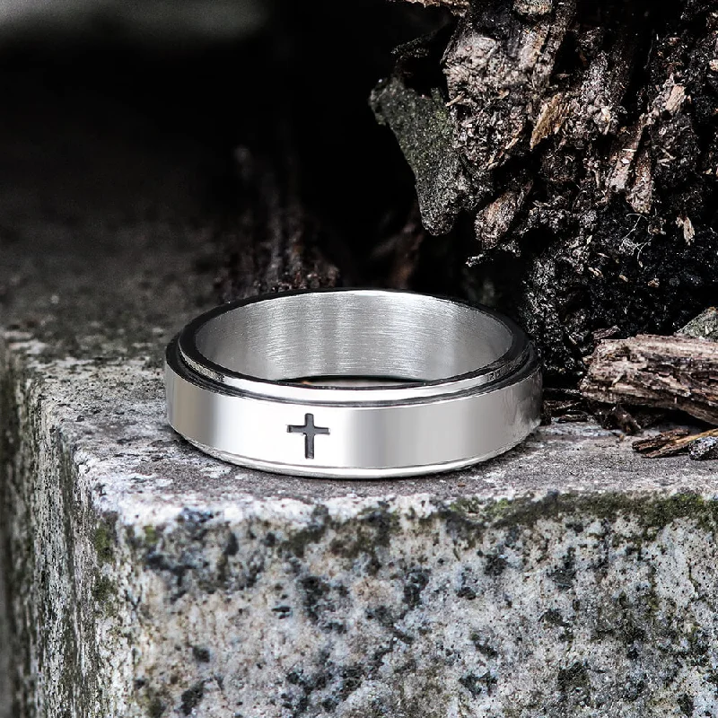 Simple Cross Stainless Steel Decompression Spinner Ring