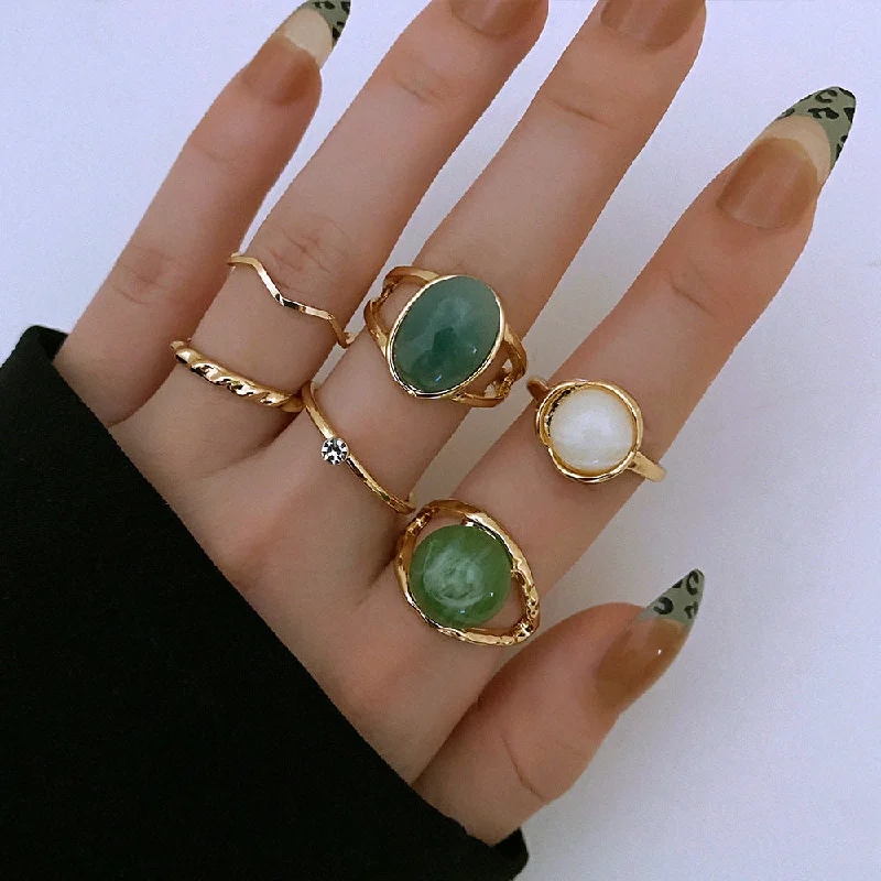 Wholesale Alloy Inlaid Green Jade Ring Set