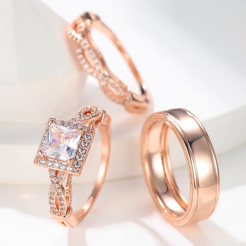 Wholesale Copper Rose Gold Diamond Ring Set of Three Pieces